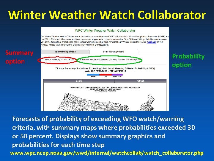 Winter Weather Watch Collaborator Summary option Probability option Forecasts of probability of exceeding WFO