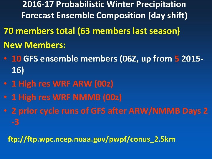 2016 -17 Probabilistic Winter Precipitation Forecast Ensemble Composition (day shift) 70 members total (63