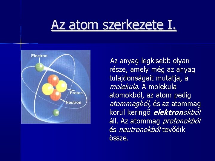 Az atom szerkezete I. Az anyag legkisebb olyan része, amely még az anyag tulajdonságait