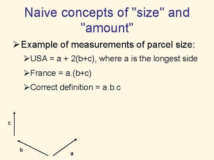 Naive concepts of "size" and "amount" Ø Example of measurements of parcel size: ØUSA