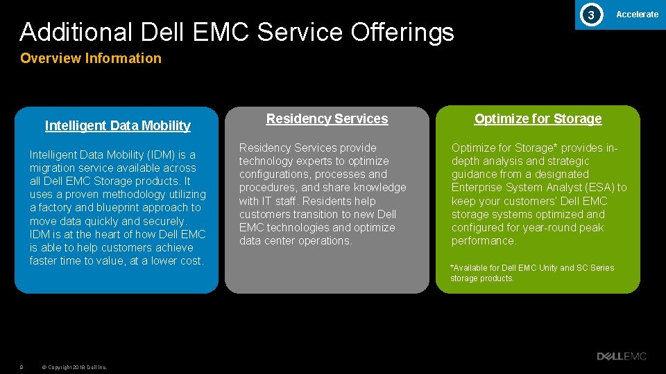 Additional Dell EMC Service Offerings 3 Accelerate Overview Information Intelligent Data Mobility (IDM) is