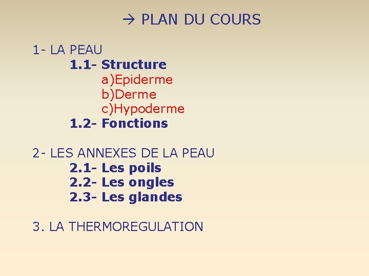  PLAN DU COURS 1 - LA PEAU 1. 1 - Structure a)Epiderme b)Derme