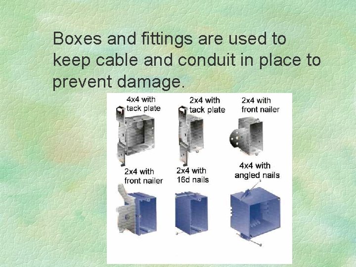 Boxes and fittings are used to keep cable and conduit in place to prevent