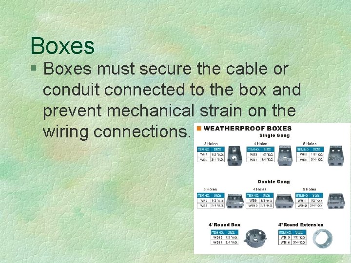 Boxes § Boxes must secure the cable or conduit connected to the box and