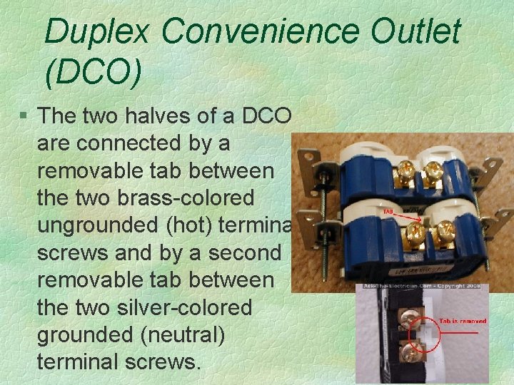 Duplex Convenience Outlet (DCO) § The two halves of a DCO are connected by