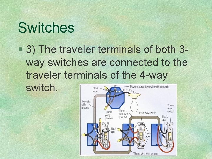 Switches § 3) The traveler terminals of both 3 way switches are connected to