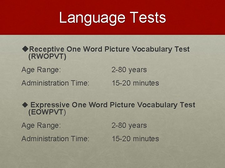 Language Tests u. Receptive One Word Picture Vocabulary Test (RWOPVT) Age Range: 2 -80 Language Tests u. Receptive One Word Picture Vocabulary Test (RWOPVT) Age Range: 2 -80