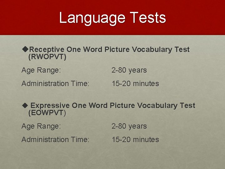 Language Tests u. Receptive One Word Picture Vocabulary Test (RWOPVT) Age Range: 2 -80