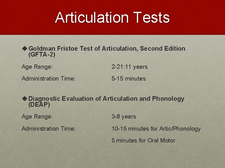 Articulation Tests u Goldman Fristoe Test of Articulation, Second Edition (GFTA-2) Age Range: 2 Articulation Tests u Goldman Fristoe Test of Articulation, Second Edition (GFTA-2) Age Range: 2