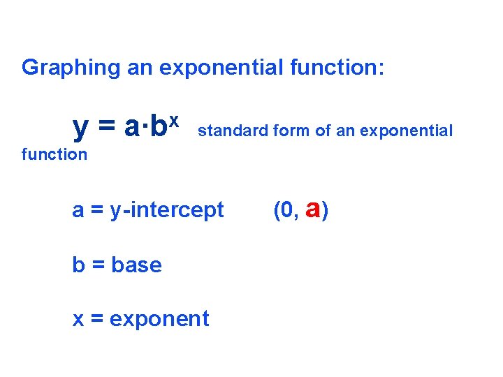 Graphing an exponential function: y = a∙bx standard form of an exponential function a