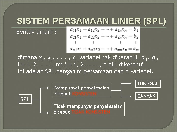 SISTEM PERSAMAAN LINIER (SPL) Bentuk umum : dimana x 1, x 2, . .