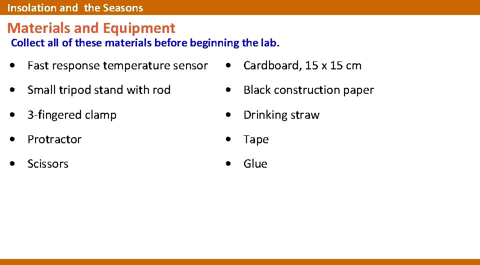 Insolation and the Seasons Materials and Equipment Collect all of these materials before beginning