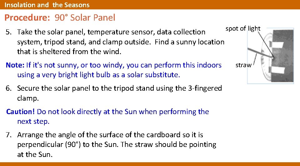 Insolation and the Seasons Procedure: 90° Solar Panel spot of light 5. Take the