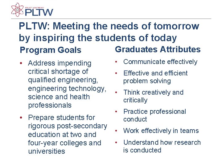 PLTW: Meeting the needs of tomorrow by inspiring the students of today Program Goals PLTW: Meeting the needs of tomorrow by inspiring the students of today Program Goals