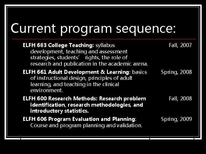 Current program sequence: ELFH 683 College Teaching: syllabus development, teaching and assessment strategies, students’