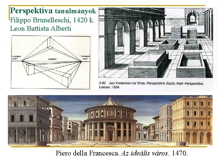 Perspektíva tanulmányok Filippo Brunelleschi, 1420 k. Leon Battista Alberti Piero della Francesca. Az ideális