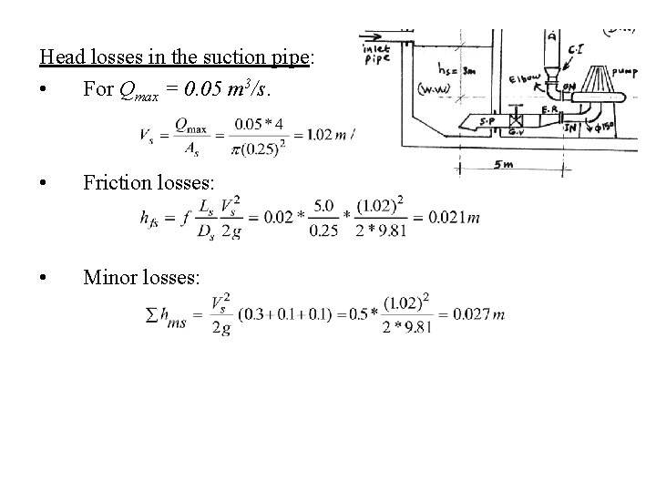 Head losses in the suction pipe: • For Qmax = 0. 05 m 3/s.