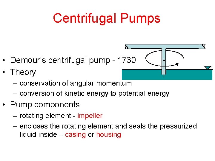 Centrifugal Pumps • Demour’s centrifugal pump - 1730 • Theory – conservation of angular