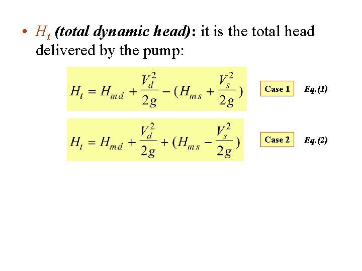  • Ht (total dynamic head): it is the total head delivered by the
