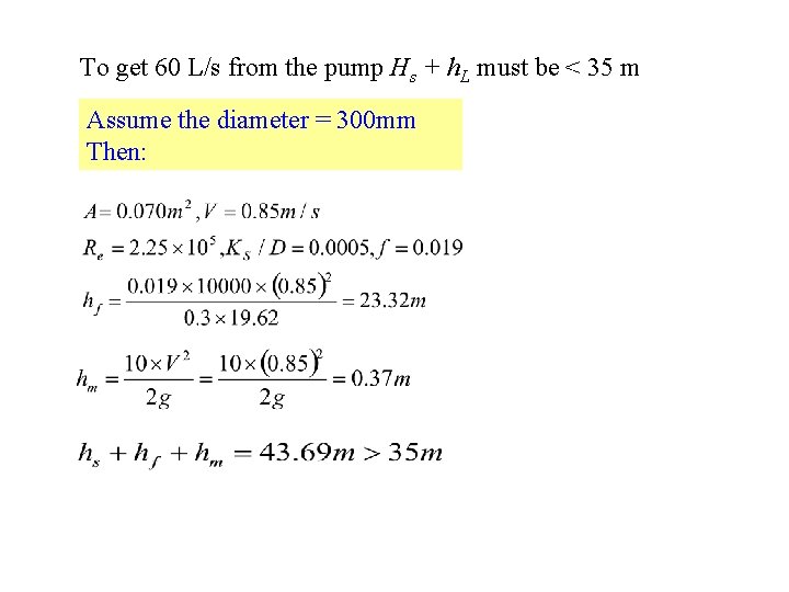 To get 60 L/s from the pump Hs + h. L must be <