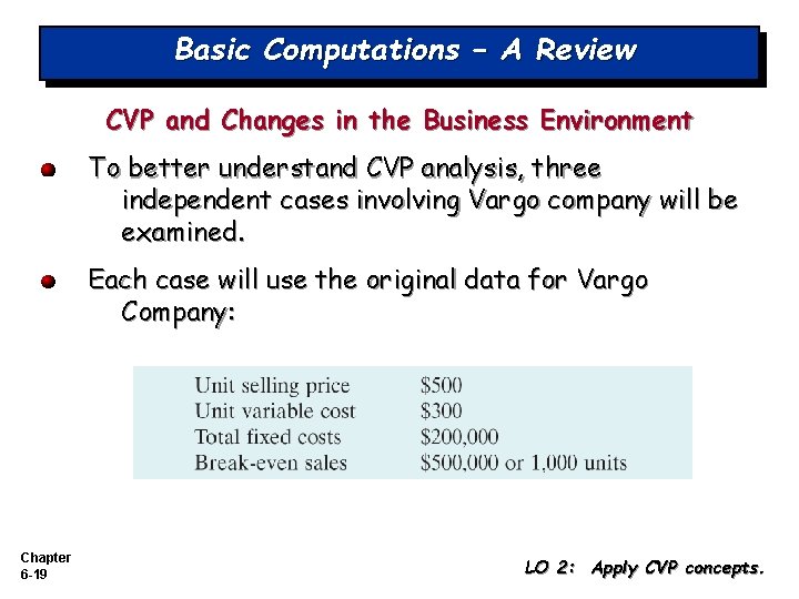 Basic Computations – A Review CVP and Changes in the Business Environment To better