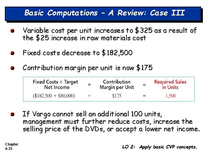 Basic Computations – A Review: Case III Variable cost per unit increases to $325