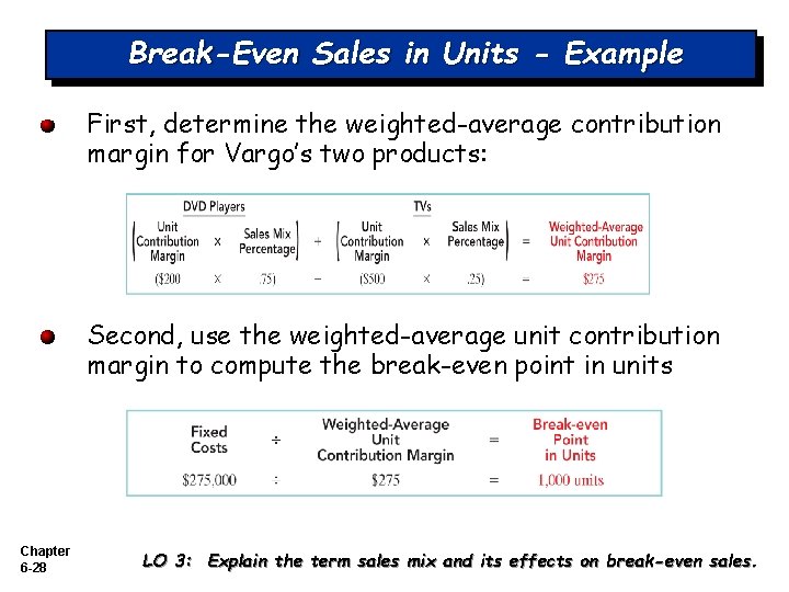 Break-Even Sales in Units - Example First, determine the weighted-average contribution margin for Vargo’s