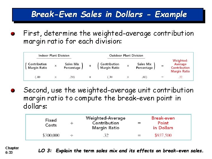 Break-Even Sales in Dollars - Example First, determine the weighted-average contribution margin ratio for