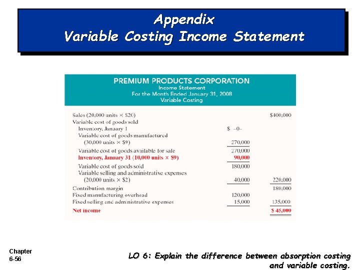 Appendix Variable Costing Income Statement Chapter 6 -56 LO 6: Explain the difference between