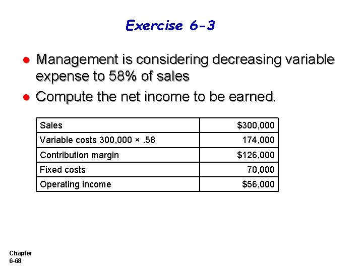 Exercise 6 -3 l l Management is considering decreasing variable expense to 58% of