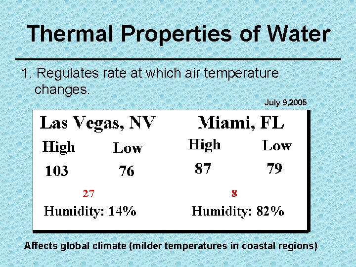 Thermal Properties of Water 1. Regulates rate at which air temperature changes. July 9,