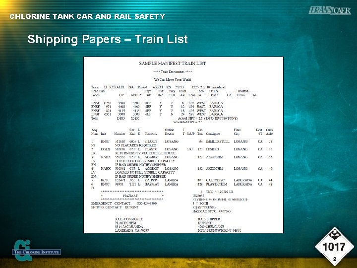 CHLORINE TANK CAR AND RAIL SAFETY Shipping Papers – Train List 