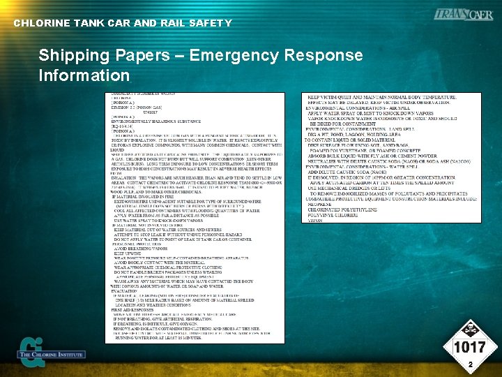 CHLORINE TANK CAR AND RAIL SAFETY Shipping Papers – Emergency Response Information 