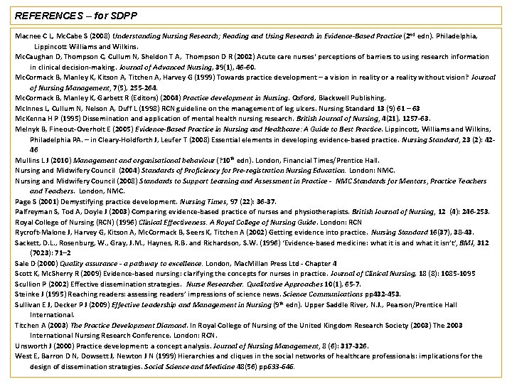 REFERENCES – for SDPP Macnee C L, Mc. Cabe S (2008) Understanding Nursing Research; REFERENCES – for SDPP Macnee C L, Mc. Cabe S (2008) Understanding Nursing Research;