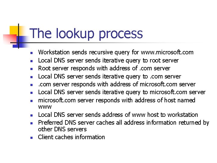 The lookup process n n n n n Workstation sends recursive query for www.