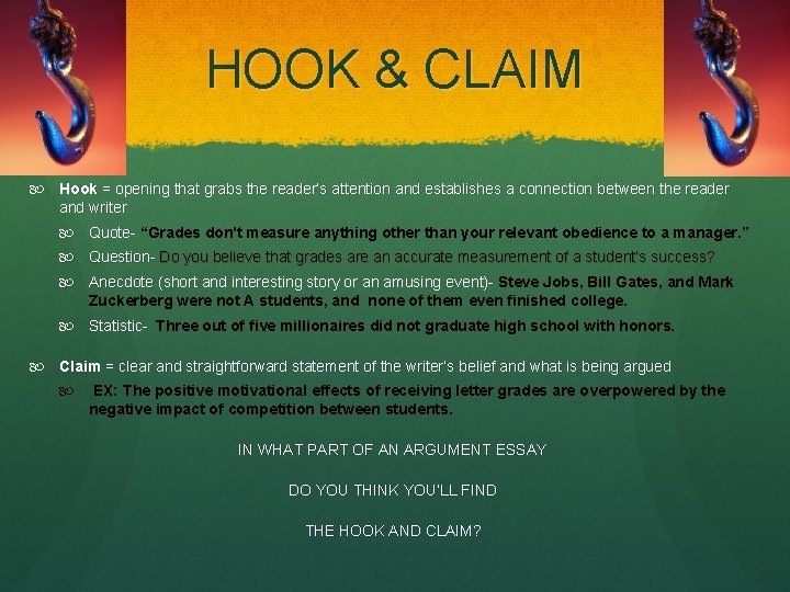 HOOK & CLAIM Hook = opening that grabs the reader’s attention and establishes a