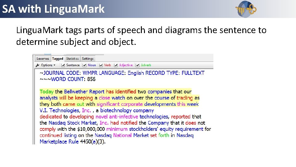 SA with Lingua. Mark Outline Lingua. Mark tags parts of speech and diagrams the