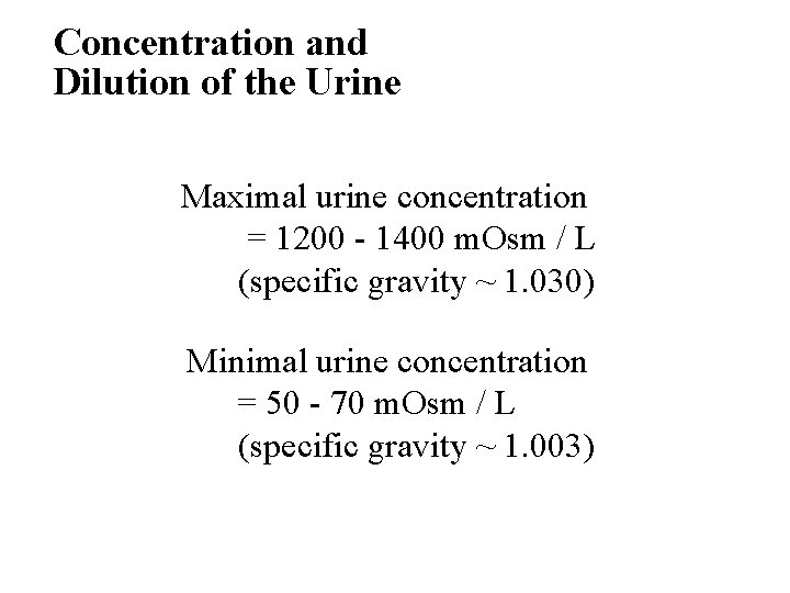 Concentration and Dilution of the Urine • Maximal urine concentration = 1200 - 1400