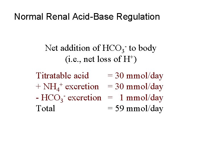 Normal Renal Acid-Base Regulation Net addition of HCO 3 - to body (i. e.