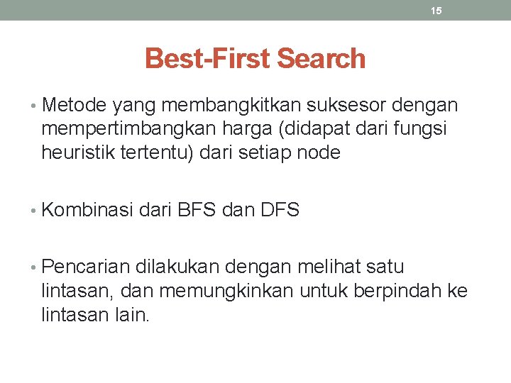 15 Best-First Search • Metode yang membangkitkan suksesor dengan mempertimbangkan harga (didapat dari fungsi