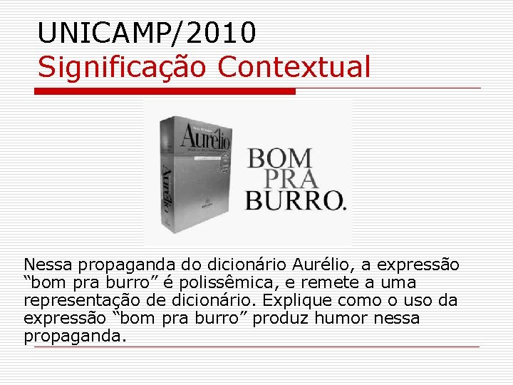 UNICAMP/2010 Significação Contextual Nessa propaganda do dicionário Aurélio, a expressão “bom pra burro” é