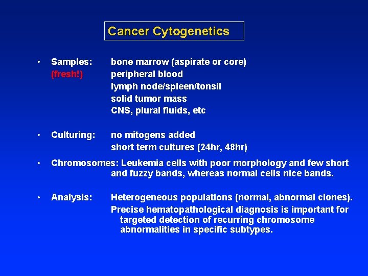 Cancer Cytogenetics • Samples: (fresh!) bone marrow (aspirate or core) peripheral blood lymph node/spleen/tonsil