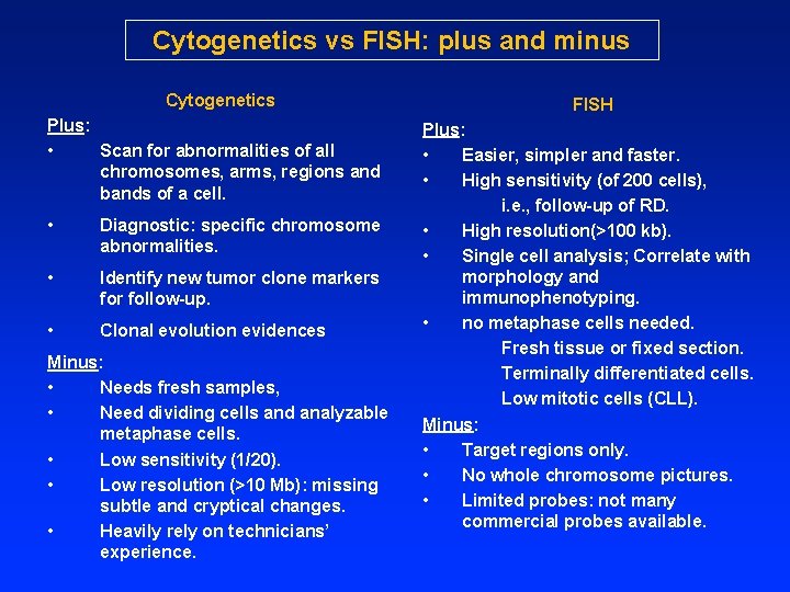 Cytogenetics vs FISH: plus and minus Cytogenetics Plus: • Scan for abnormalities of all