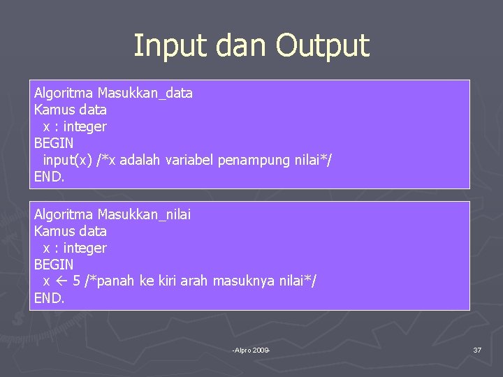 Input dan Output Algoritma Masukkan_data Kamus data x : integer BEGIN input(x) /*x adalah