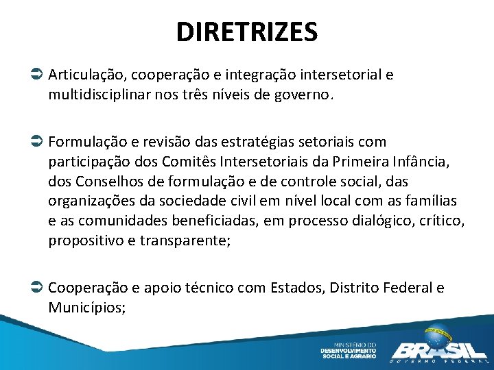 DIRETRIZES Articulação, cooperação e integração intersetorial e multidisciplinar nos três níveis de governo. Formulação