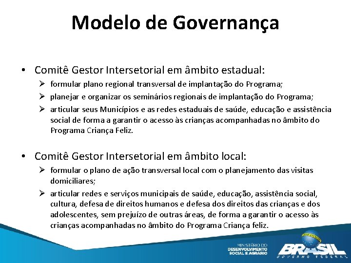 Modelo de Governança • Comitê Gestor Intersetorial em âmbito estadual: Ø formular plano regional