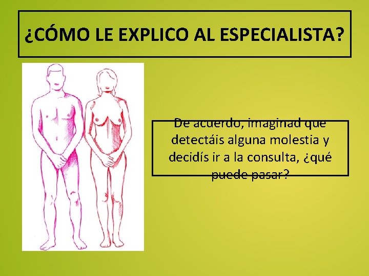 ¿CÓMO LE EXPLICO AL ESPECIALISTA? De acuerdo, imaginad que detectáis alguna molestia y decidís ¿CÓMO LE EXPLICO AL ESPECIALISTA? De acuerdo, imaginad que detectáis alguna molestia y decidís