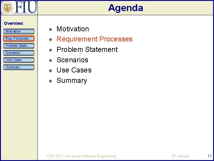 Agenda Overview: Motivation Req. Processes Problem State. Scenarios Use Cases Summary Motivation Requirement Processes