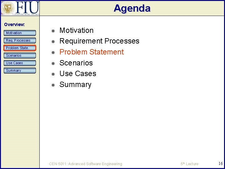 Agenda Overview: Motivation Req. Processes Problem State. Scenarios Use Cases Summary Motivation Requirement Processes