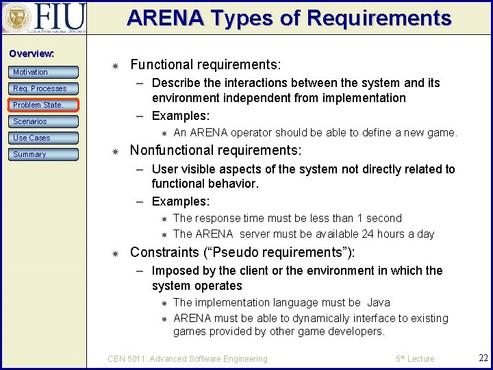 ARENA Types of Requirements Overview: Motivation – Describe the interactions between the system and